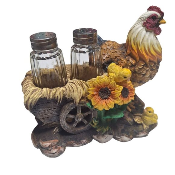 Mother Hen Chickens Salt Pepper Shaker Set Resin Cart Sunflower Country Farm - Picture 2 of 8